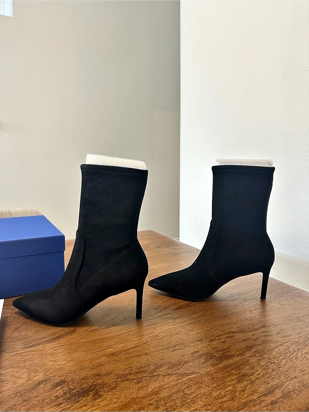 Stuart Weitzman Wren 75 Stretch Suede Bootie Black Heeled Boots NWT